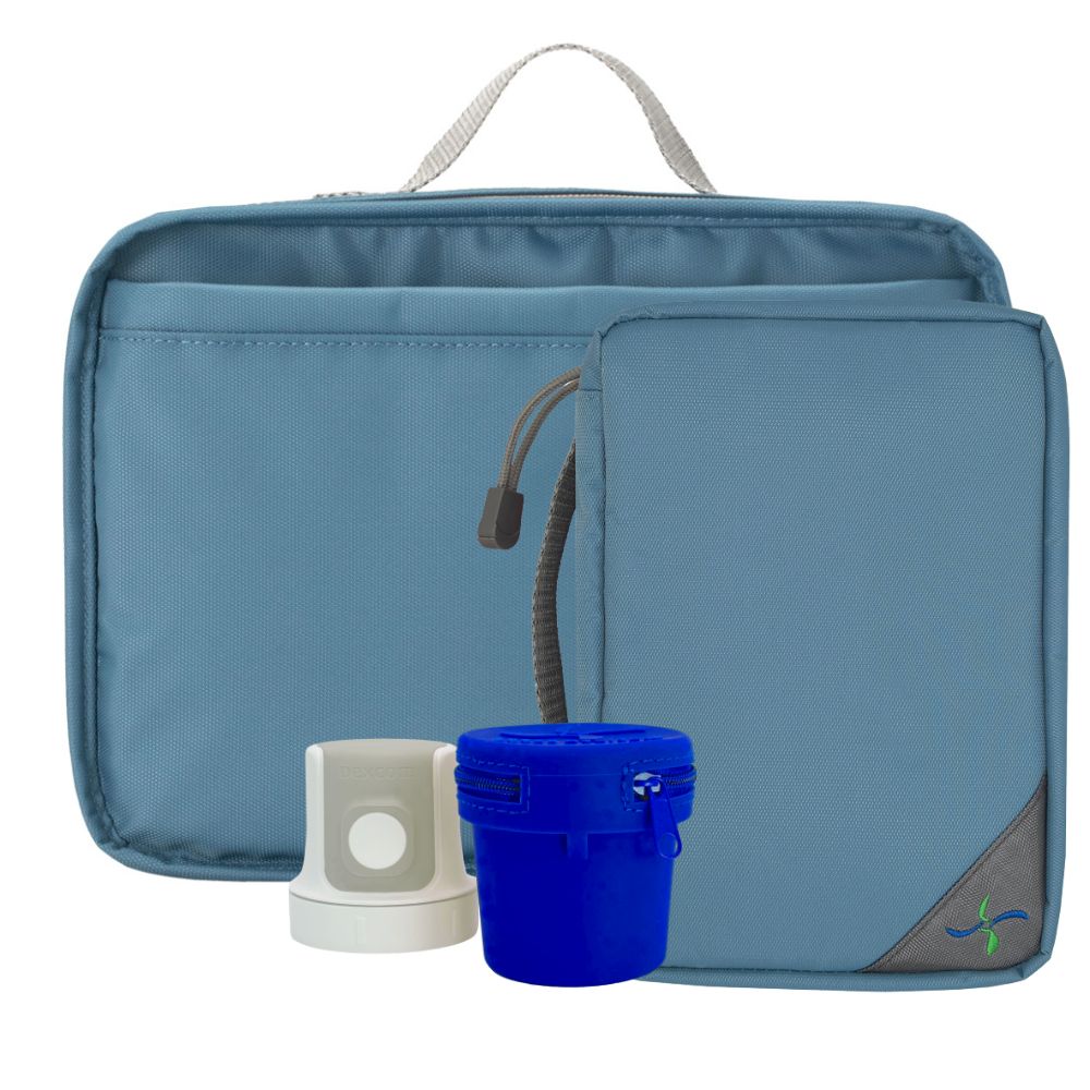 Blue travel bag and blue organizer with a blue Dexcom G7 travel case  and Dexcom G7 on a white background
