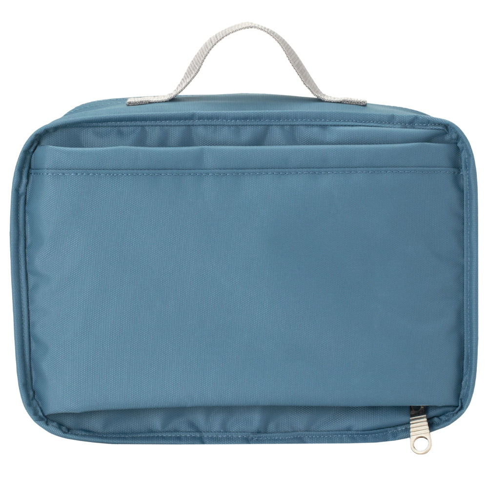 Blue travel pouch with a handle on a white background