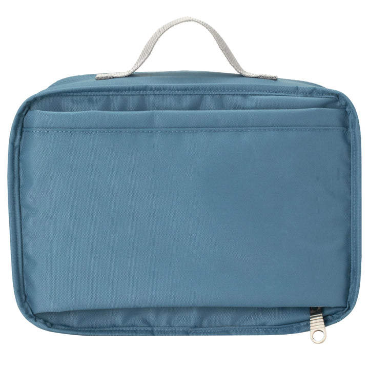 Blue travel pouch with a handle on a white background