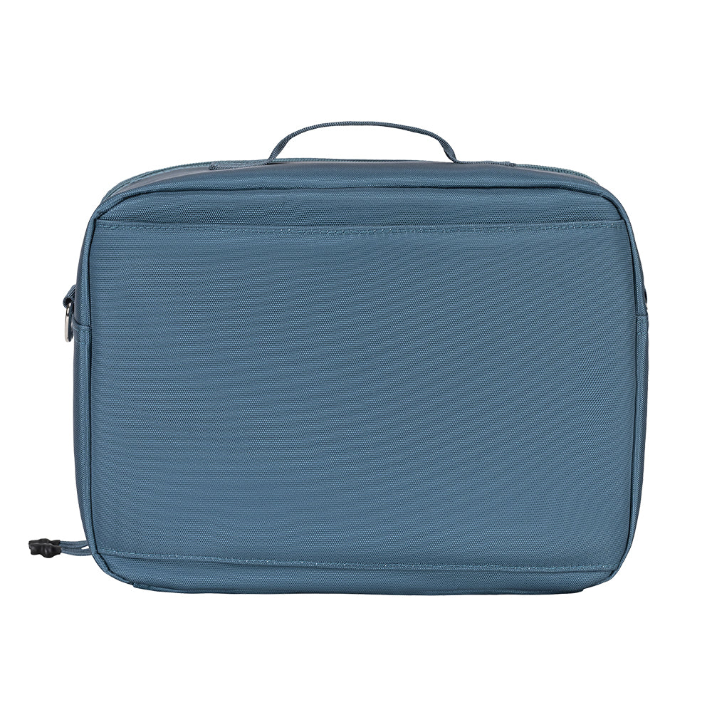Steel Blue travel bag with a handle and luggage strap on a white background 