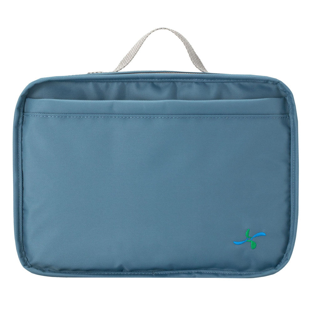 Steel Blue insulated diabetes travel bag with multiple compartments and zipper closure, designed for carrying medical supplies.