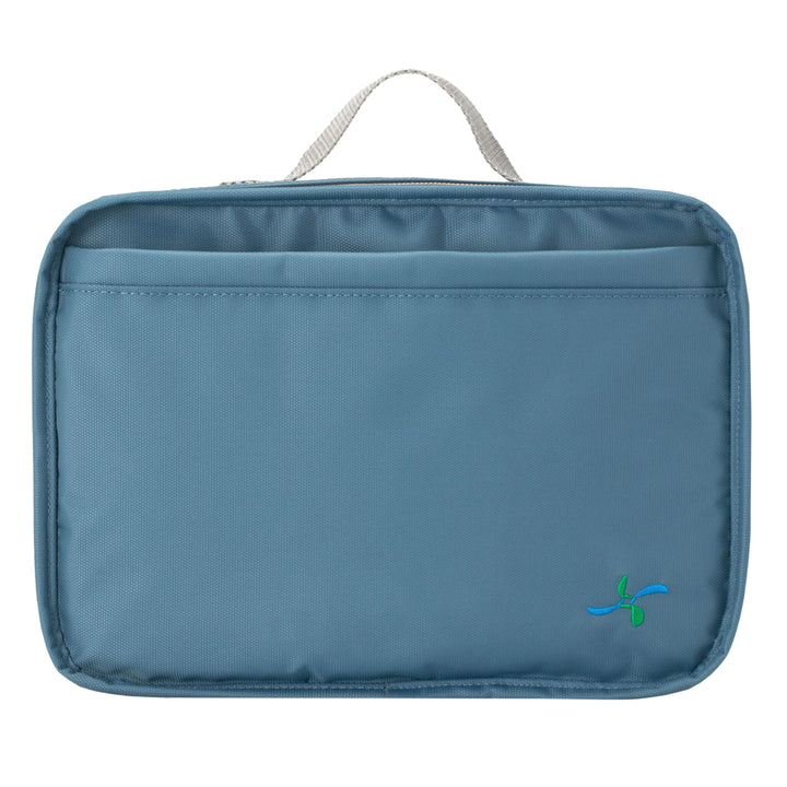Steel Blue insulated diabetes travel bag with multiple compartments and zipper closure, designed for carrying medical supplies.