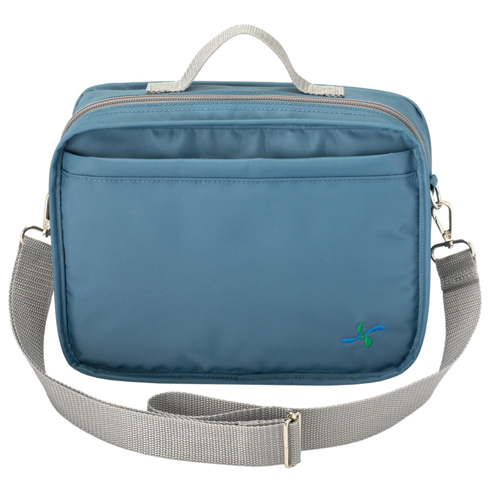 Front view of a steel blue diabetes travel bag with a gray shoulder strap, zippered compartments, and a compact, durable design.