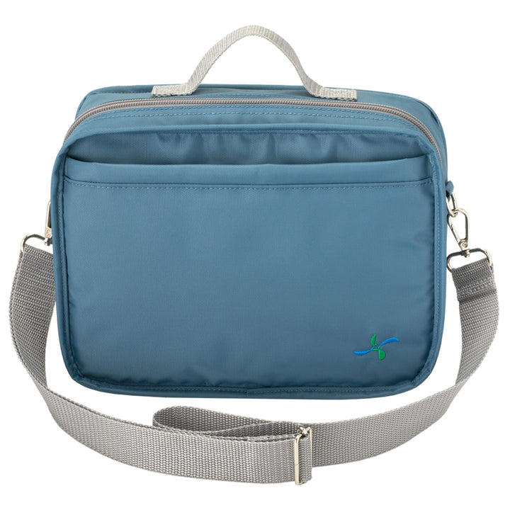 Front view of a steel blue diabetes travel bag with a gray shoulder strap, zippered compartments, and a compact, durable design.