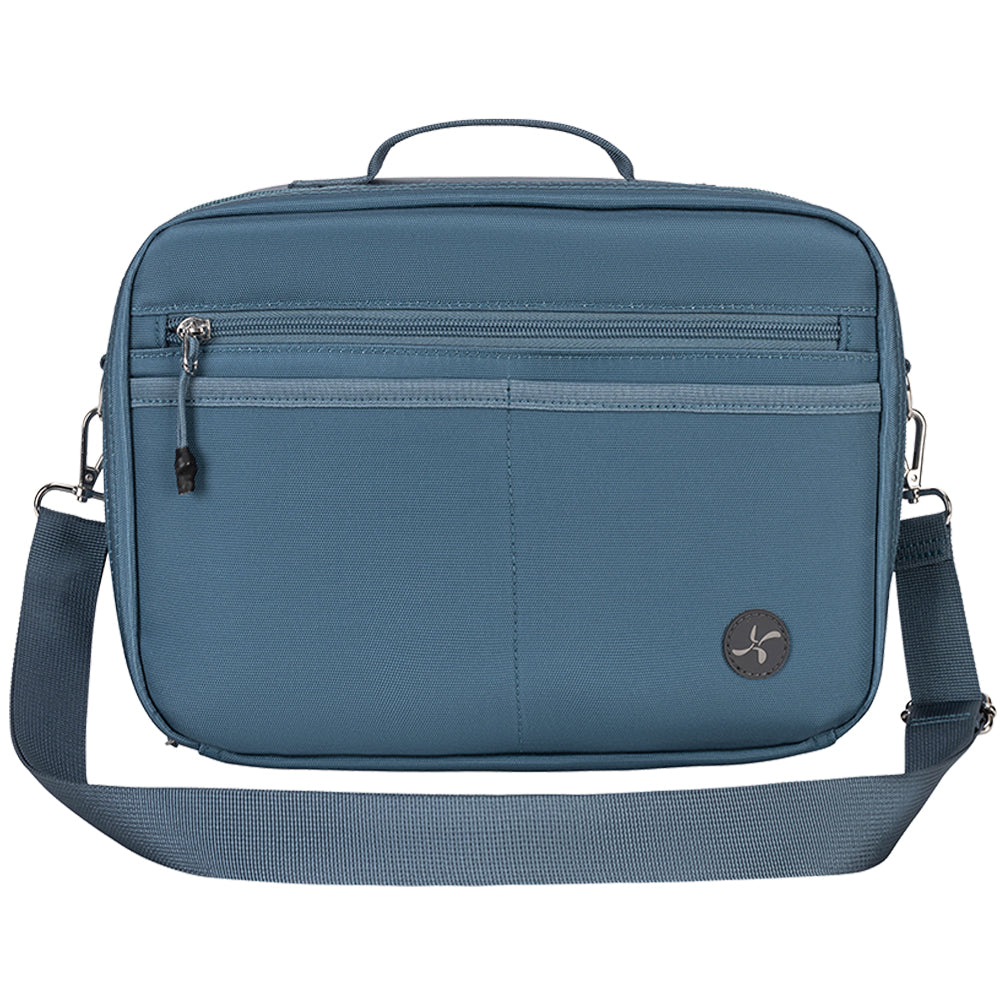 Front view of a steel blue diabetes travel bag with a shoulder strap, zippered compartments, and a compact, durable design.
