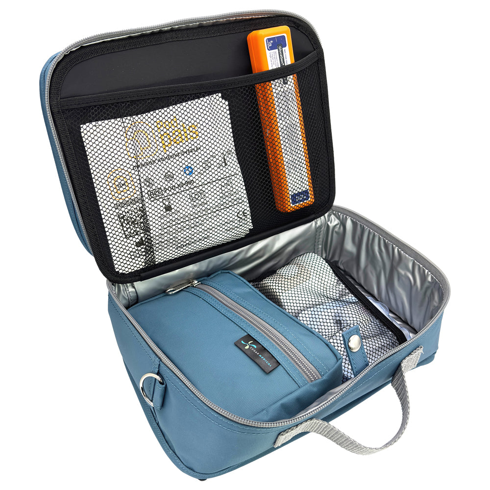 Diabetes Insulated Travel Bag in pink steel blue compartment for a glucagon kit, Omnipod supplies, extra pods, snacks, glucose tablets, and includes a removable pouch. 