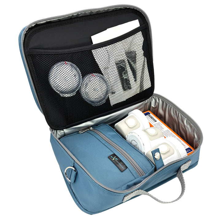 Diabetes Insulated Travel Bag in steel blue back compartment for a glucagon kit, Tandem supplies, Dexcom, snacks, glucose tablets, and includes a removable pouch.