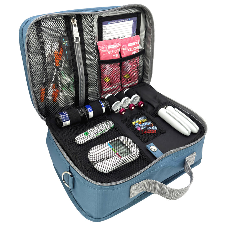 Diabetes Insulated Travel Bag in steel blue front section has pockets for glucose meter and lancing device and loops for insulin vials and pocket for insulin pens. 