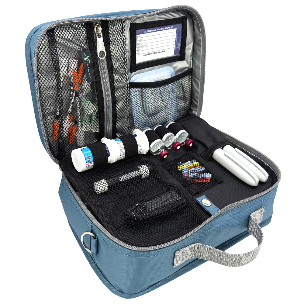 Diabetes Insulated Travel Bag in pink steel blue front section has pockets for glucose meter and lancing device and loops for insulin vials and pocket for insulin pens.