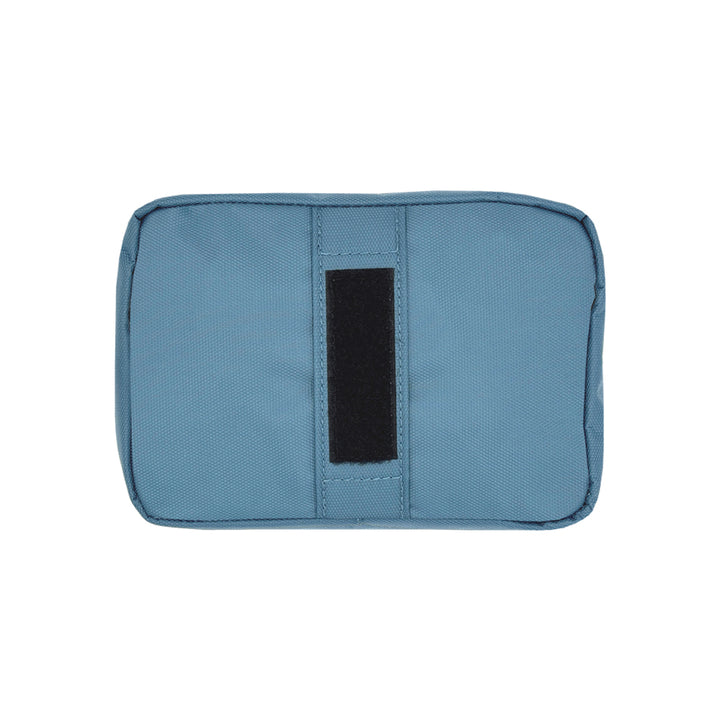 Blue pouch with a black patch on a white background
