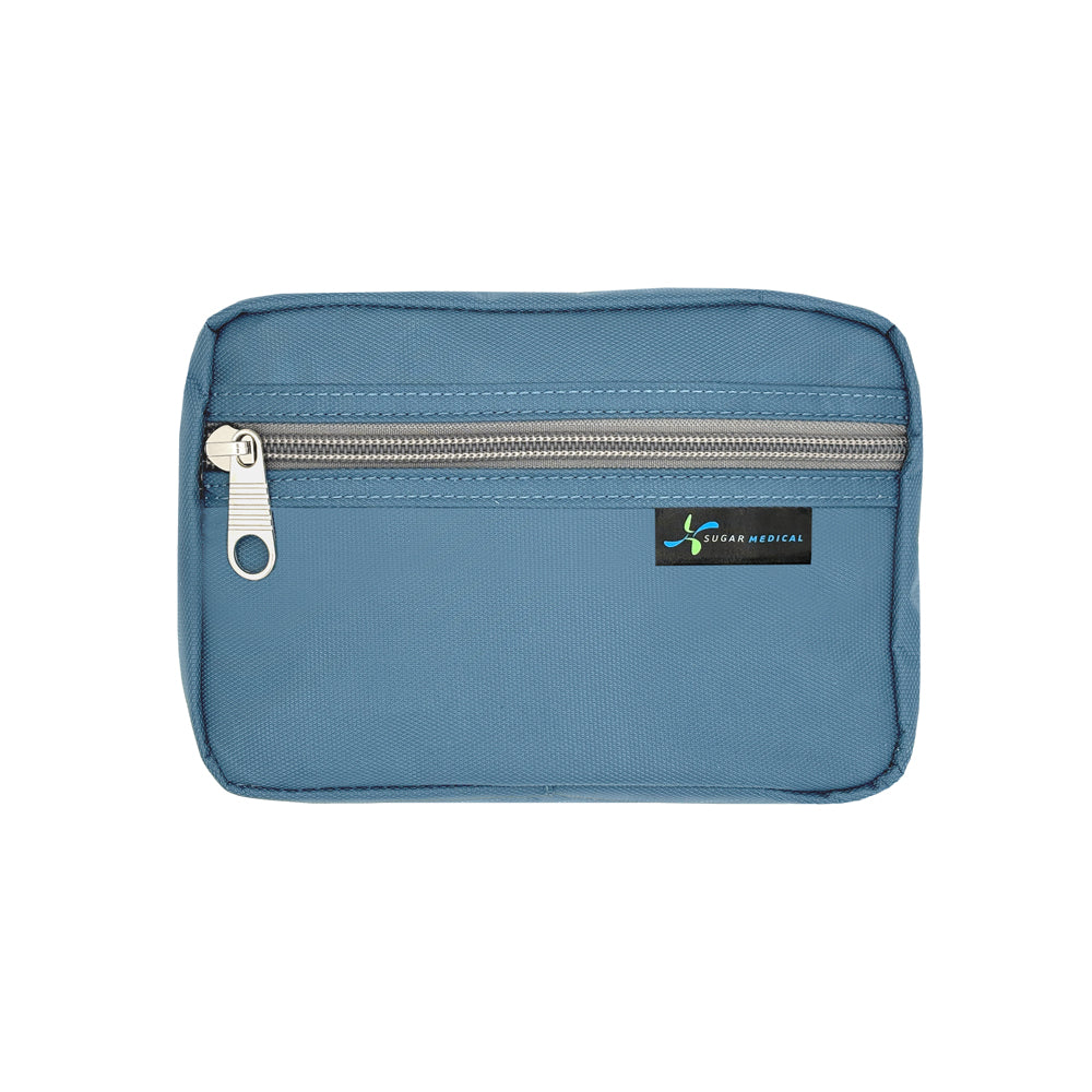 Blue pouch with a zipper and visible brand logo on a white background