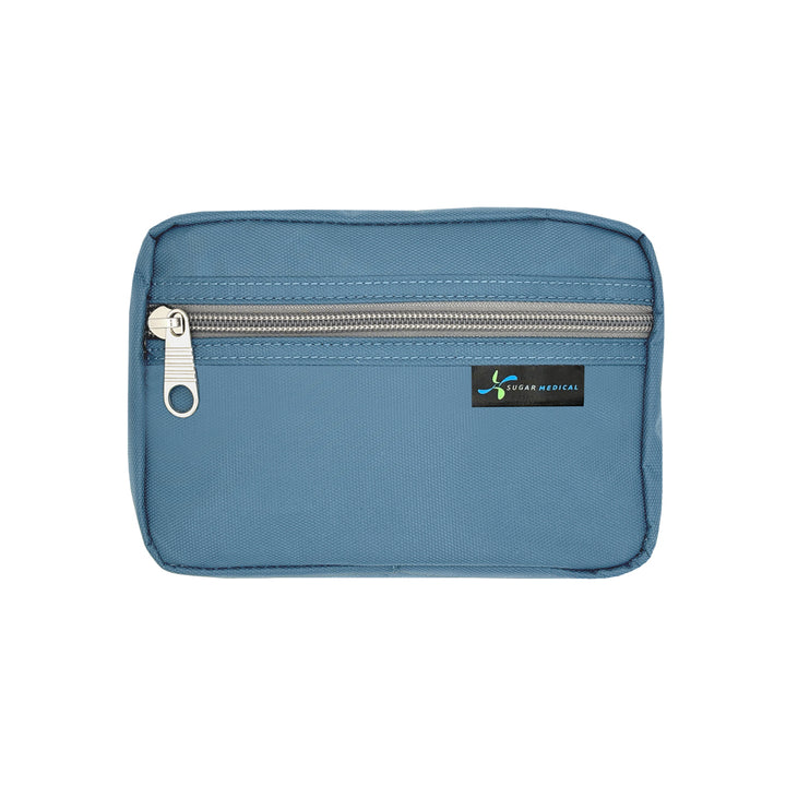 Blue pouch with a zipper and visible brand logo on a white background