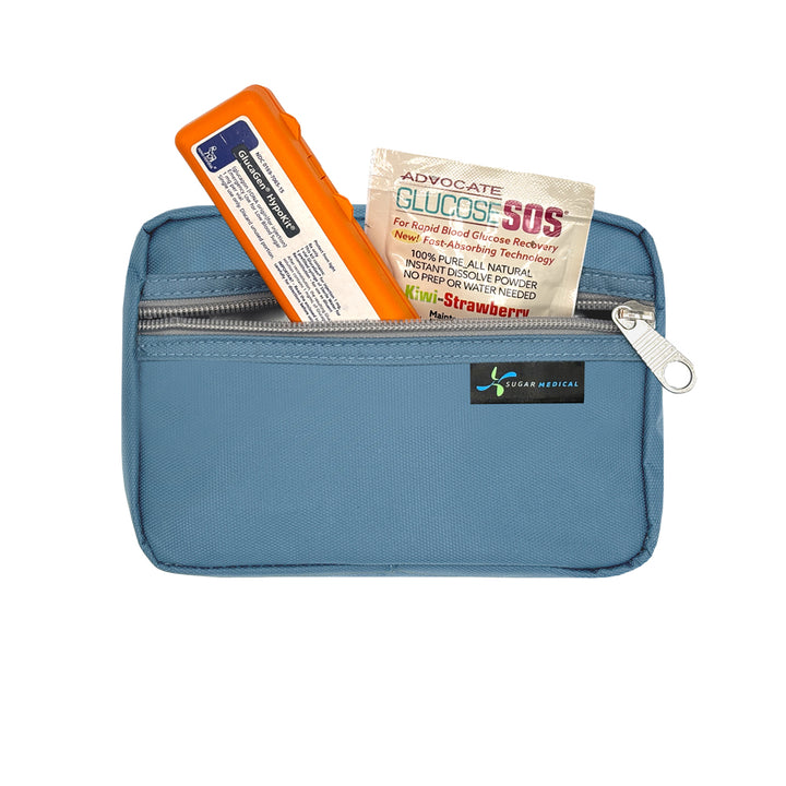 Steel blue removable supply pouch that fits glucagon and glucose sos.  