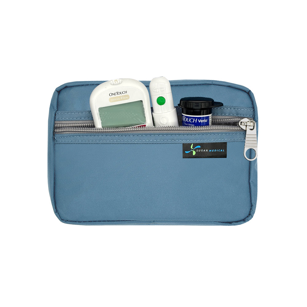 Diabetes Insulated Travel Bag in steel blue removable supply pouch zippered with glucose meter, lancet and test strips.