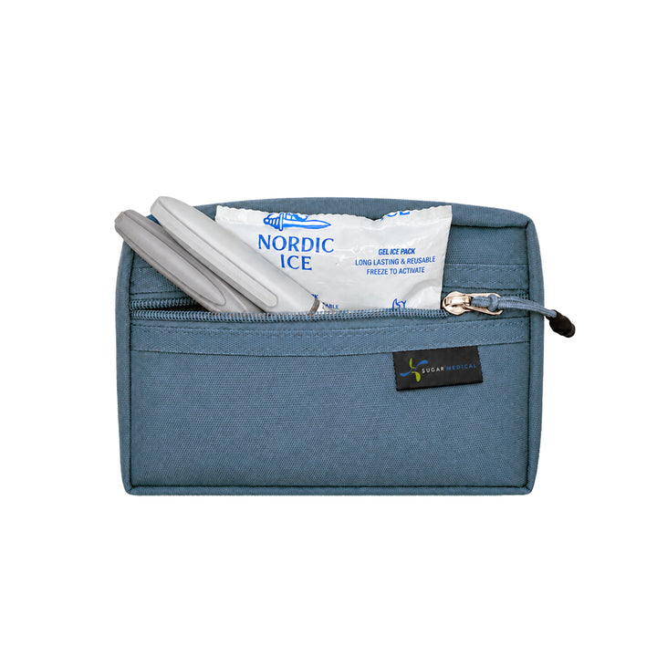 Steel blue removable supply pouch that fits ice pack and insulin pens.