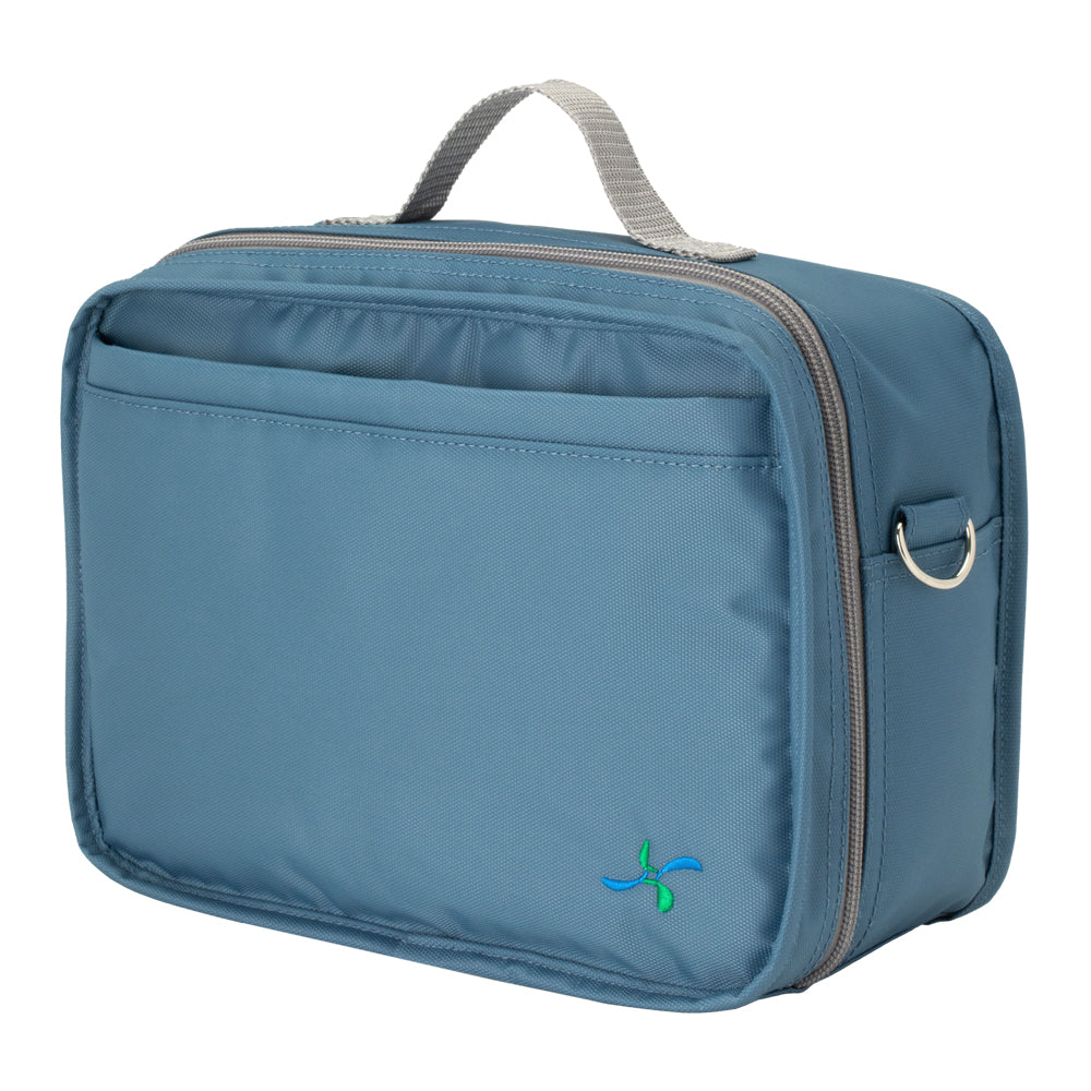 Side of the Steel Blue green insulated diabetes travel bag showing the grey zipper and matching grey handle. 