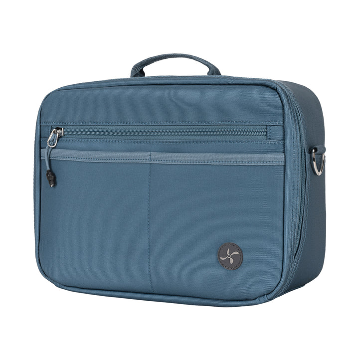 Side of the steel blue insulated diabetes travel bag showing the seafoam zipper and matching seafoam handle. 