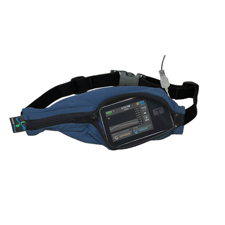 Kids steel blue with black zipper SPI belt open with Tandem pump inside and tubbing coming out the side hole.