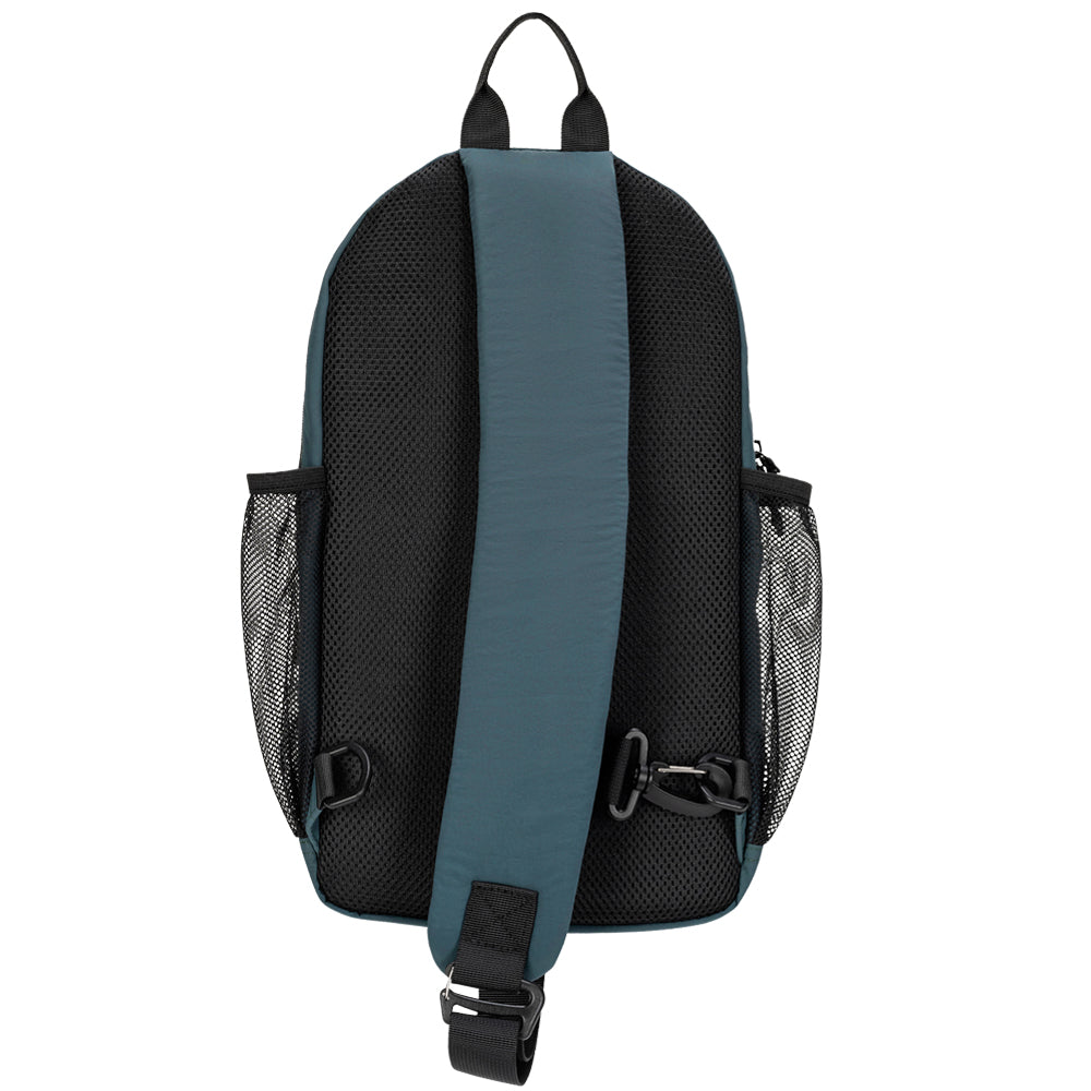 The back view of a sling backpack in black mesh with a wide slate blue-gray padded shoulder strap and side mesh pockets, shown on a plain white background.
