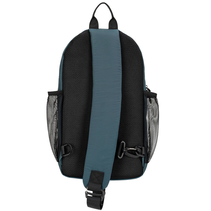 The back view of a sling backpack in black mesh with a wide slate blue-gray padded shoulder strap and side mesh pockets, shown on a plain white background.