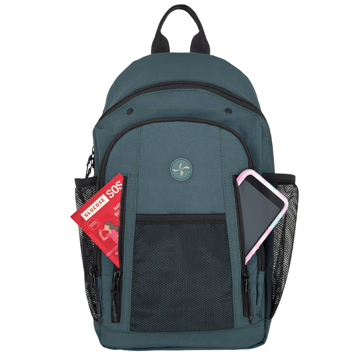 A dark teal backpack with black mesh side pockets containing glucose and an  Omnipod 5 PDM, shown against a plain white background.