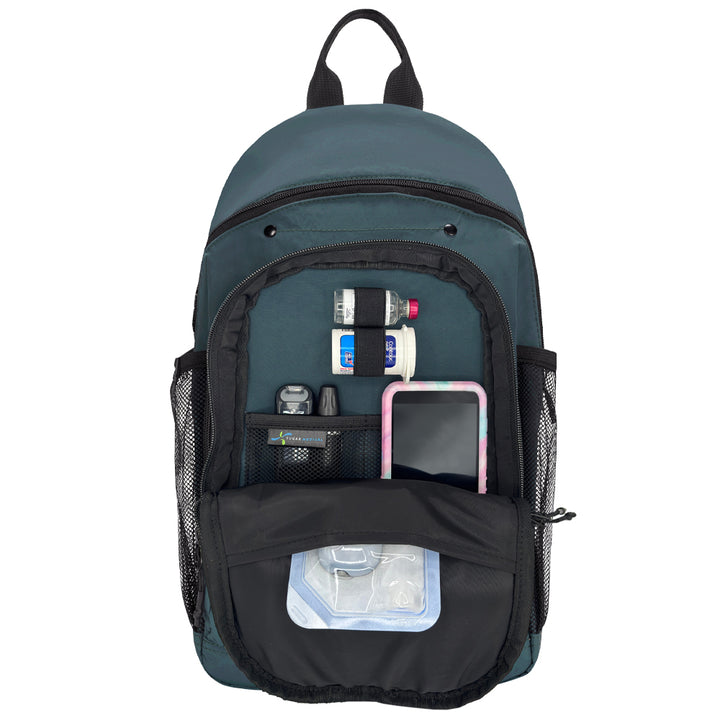 A dark teal backpack shown open against a white background, displaying its front organizer pocket filled with diabetes supplies.