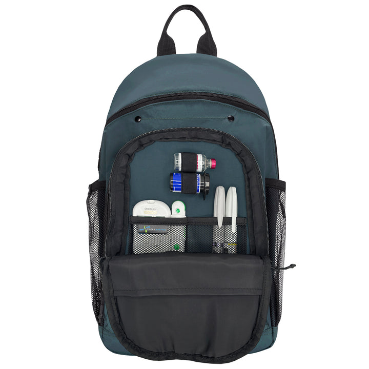 A dark teal backpack shown from the front with its main compartment open, revealing mesh pockets and compartments holding diabetes supplies. The backpack has black zippers, black mesh side pockets, and black top handles, photographed on a plain white background.