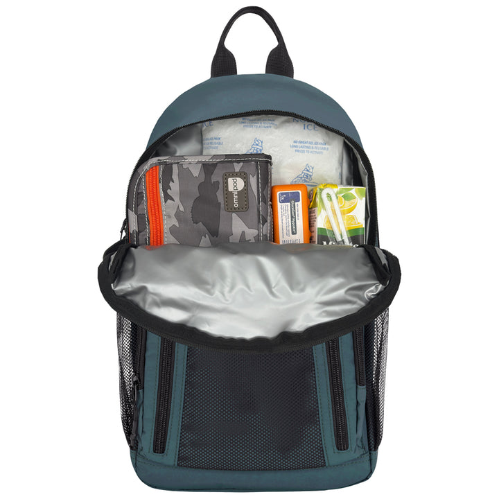 An open backpack shown from the front, revealing its interior compartments filled with diabetes supplies. The backpack has a dark teal exterior, black mesh side pockets, and a silver interior lining.