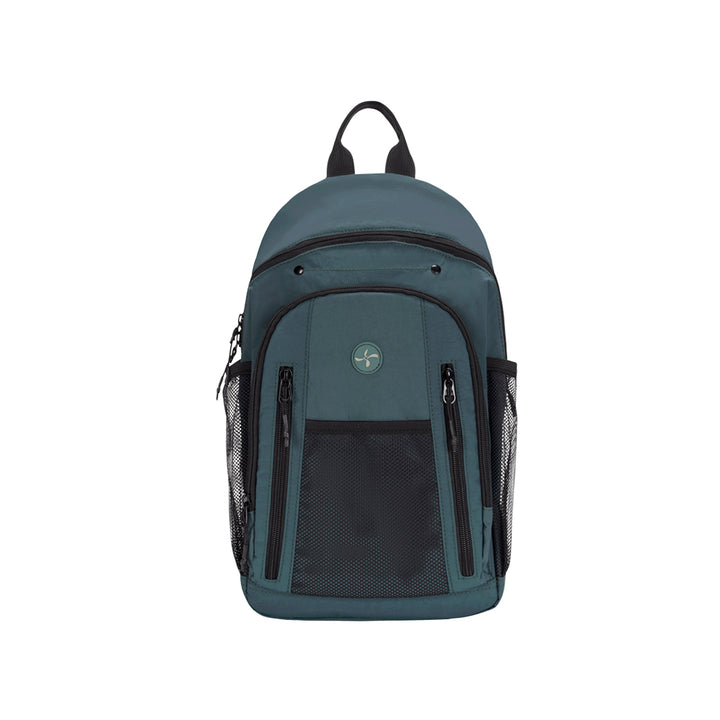 A dark teal backpack with black mesh side pockets, a front zippered pocket, and a small circular logo badge, shown against a plain white background.