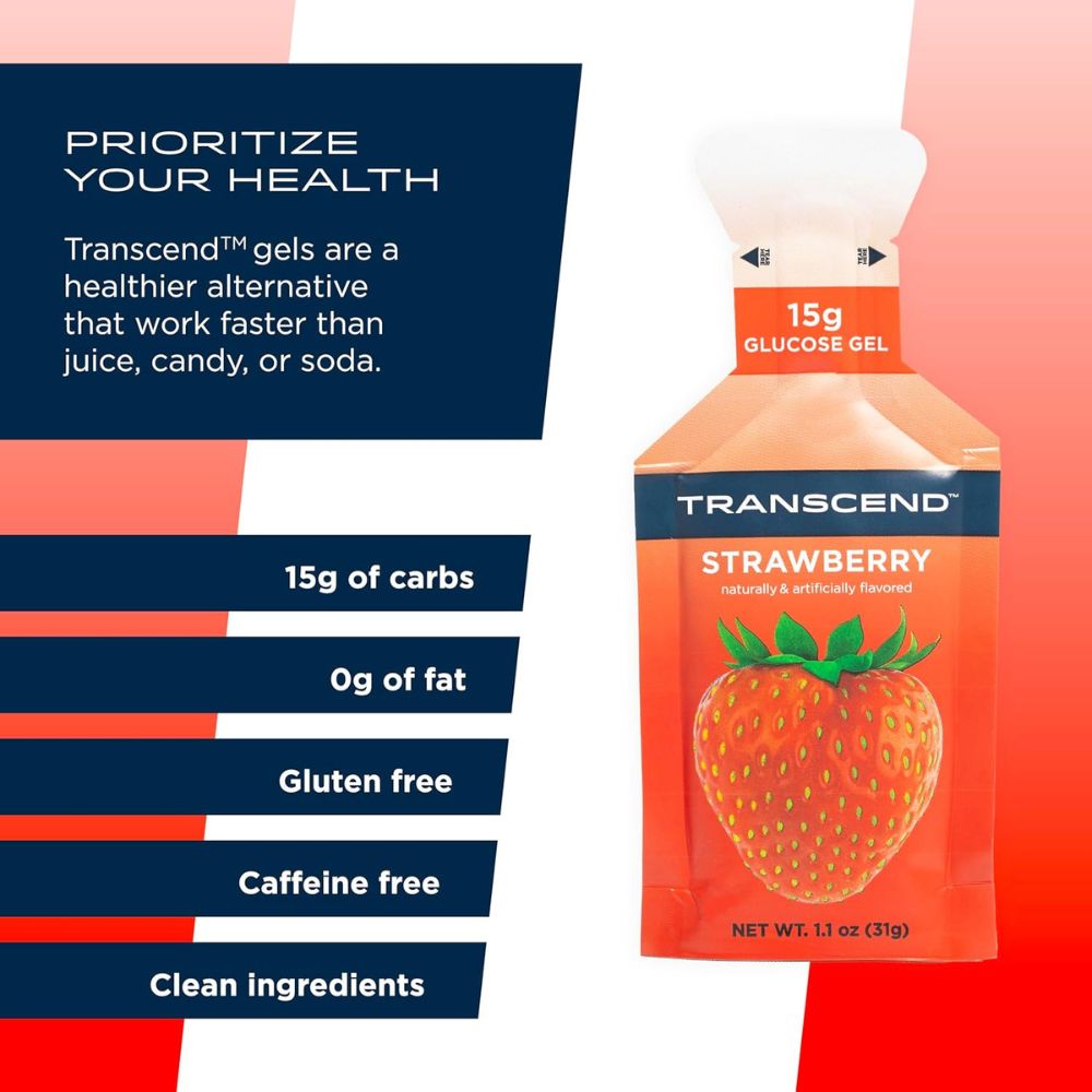 A package of Transcend Glucose Gel in Strawberry flavor with the focus on the product. Text or graphic elements on the image highlight the benefits of the gel, such as providing quick energy, being easy to carry, and having fast absorption