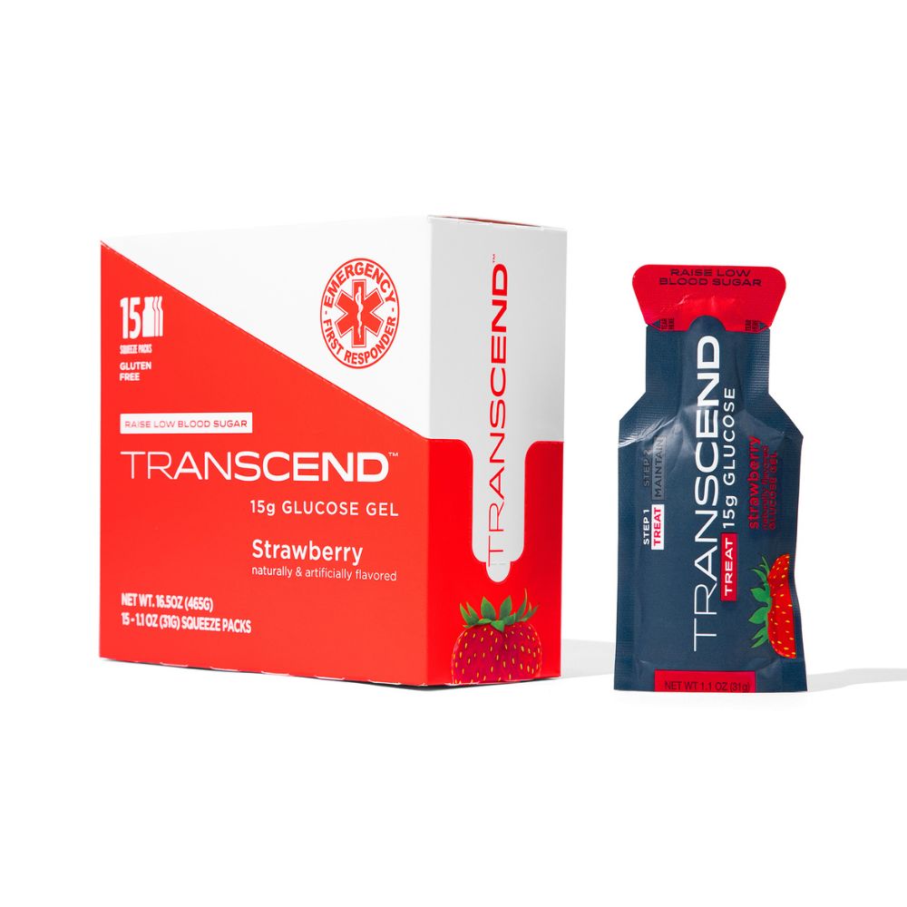 The Strawberry Transcend Gel box features bold branding with product details, instructions, and safety information. The back includes additional specifications and contact details. One serving is packaged in a clear container or sachet with a label showing portion size, nutritional info, and usage instructions