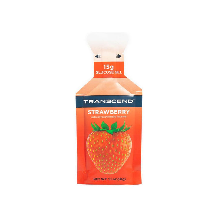 A package of Transcend Glucose Gel in the flavor Strawberry featuring vibrant red and white colors, with the product name "Transcend" prominently displayed at the top. The words "Glucose Gel" and " Strawberry " are featured on the front. The gel packaging is small, compact, and easy to squeeze, with clear instructions on usage visible on the back.