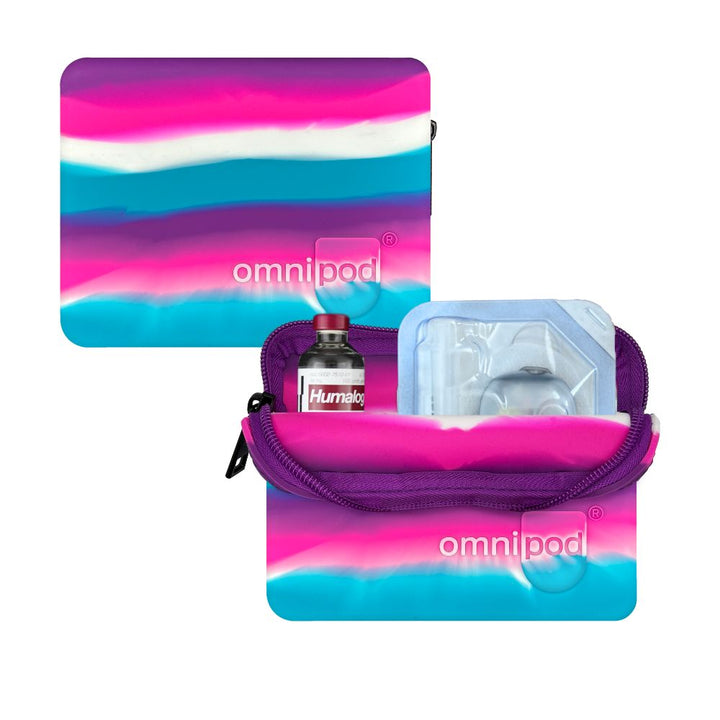 Omnipod insulin and pod carrying case with colorful design on a white background