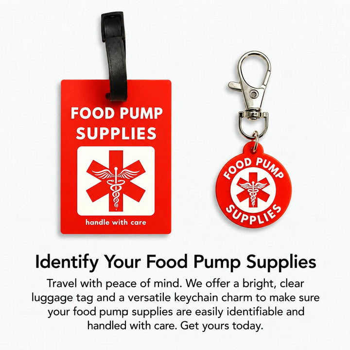 A red and white 'Food Pump Supplies' luggage tag and matching keychain charm are shown on a light gray background with descriptive text below. The tag has a black loop and the charm has a silver clasp.
