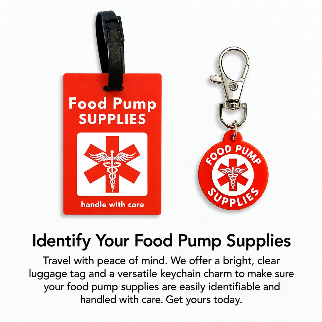 Red and white Food Pump Supplies luggage tag and matching keychain charm on a white background, with descriptive text below.