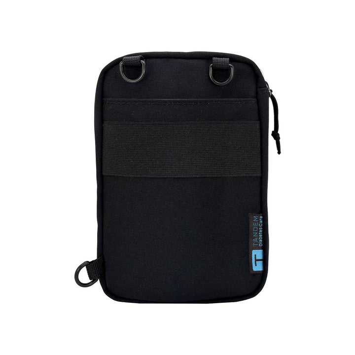 Back of black tandem diabetes supply case with a visible brand logo on a white background