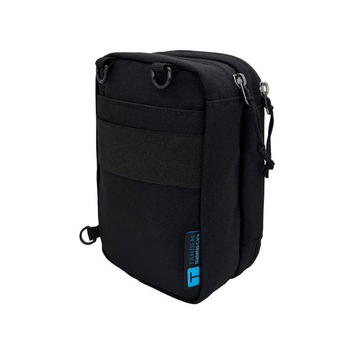Black tandem diabetes supply case crossbody bag with a blue Tandem logo on a white background