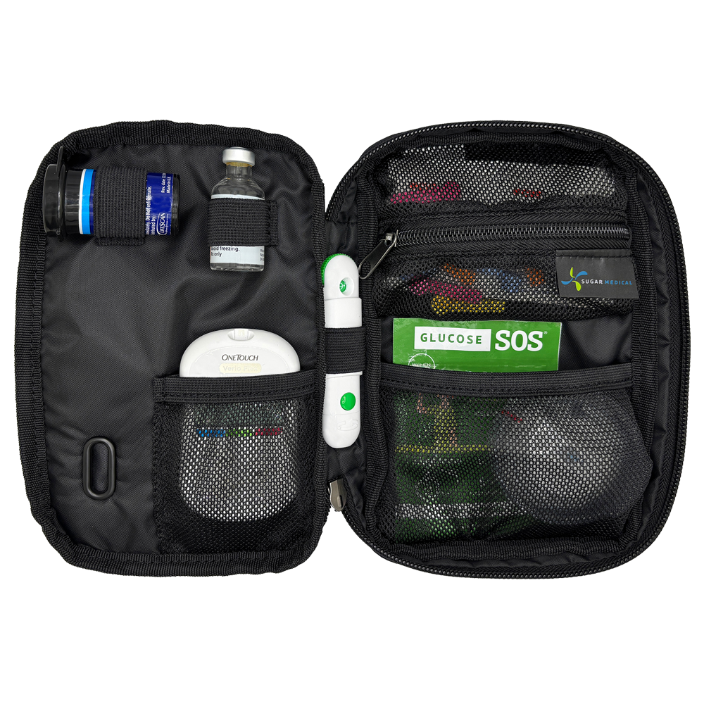 Black tandem diabetes supply case with glucose testing supplies on a white background