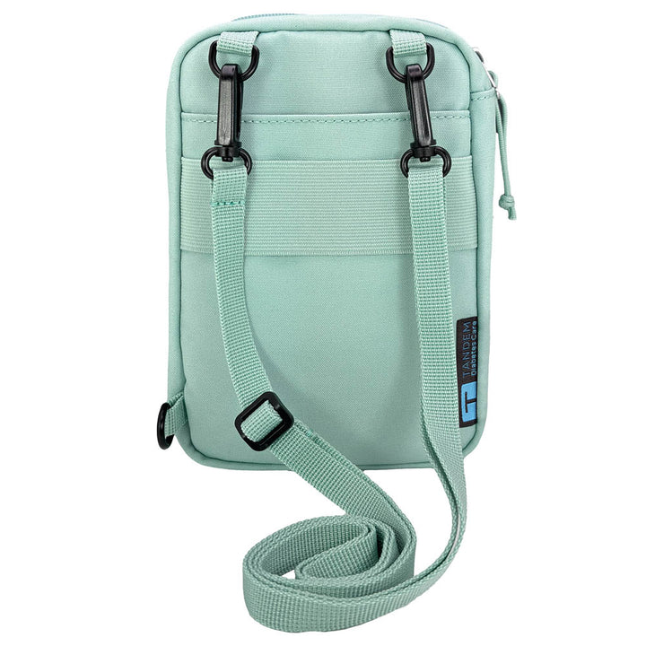 Back of a Seafoam tandem diabetes supply case with a strap on a white background