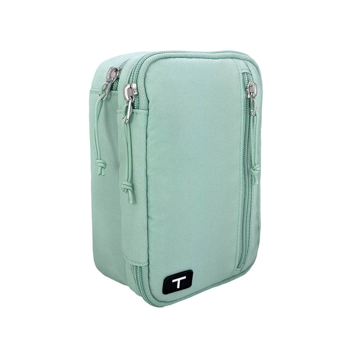 Seafoam tandem diabetes supply case with zippers on a white background