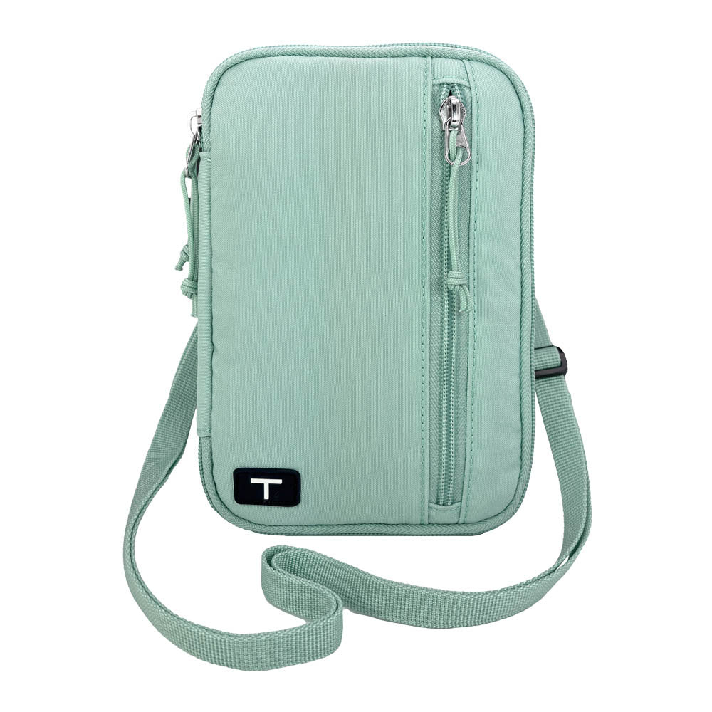 Seafoam tandem diabetes supply case with a visible Tandem logo on a white background