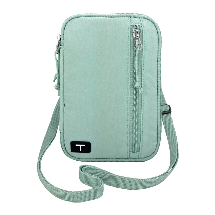 Seafoam tandem diabetes supply case with a visible Tandem logo on a white background