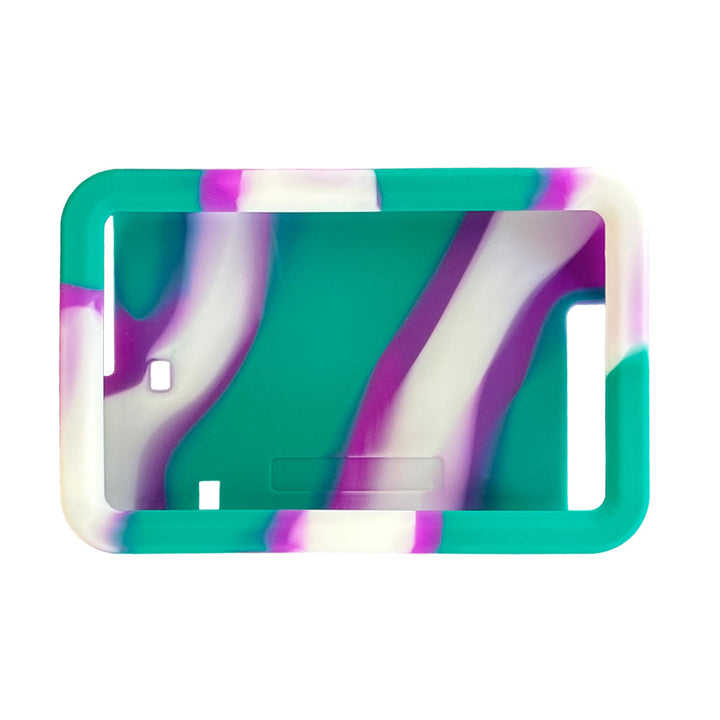 The front of the purple, green adn white Tandem t:slim Gel Skin with Exclusive design allows access to all ports and controls.