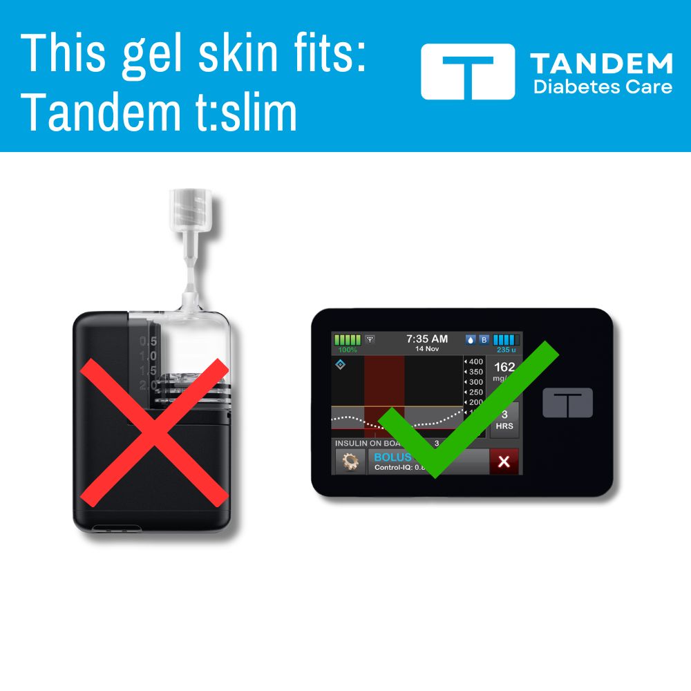 Gel skin fit for Tandem t:slim device with clear skin and Tandem Diabetes Care logo.