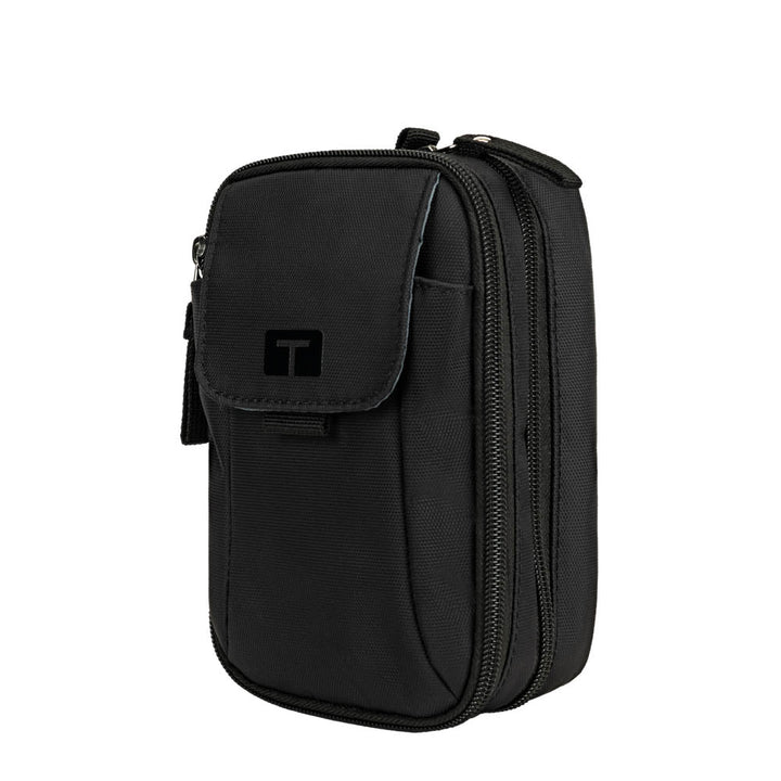 Tandem supply case in black with front pocket, middle compartment, and insulated back pocket for carrying tandem diabetic supplies