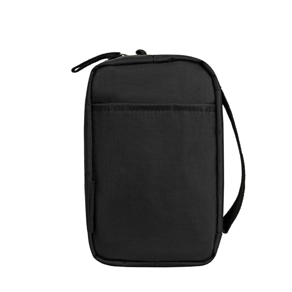 Back view of the black tandem supply case with rear pocket and black carrying strap on the right side