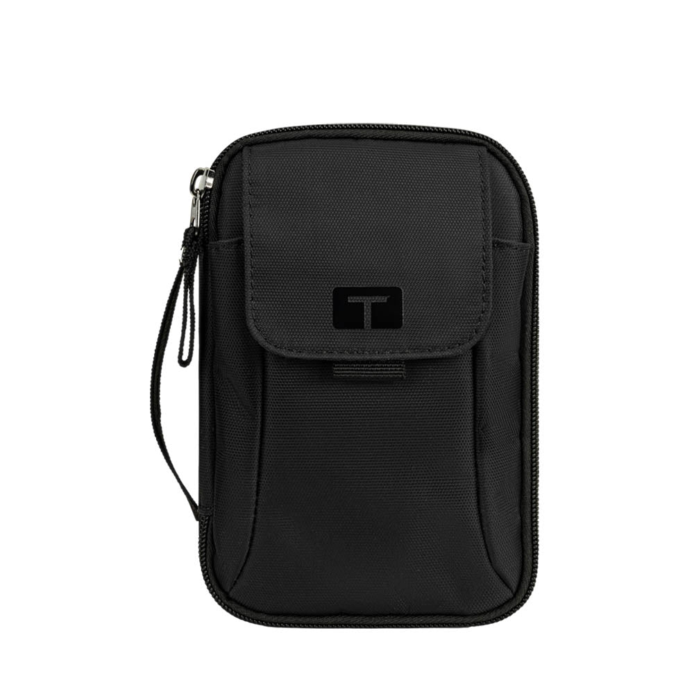 Front view of black tandem supply case with Tandem logo on front pocket and black carrying strap on the left side