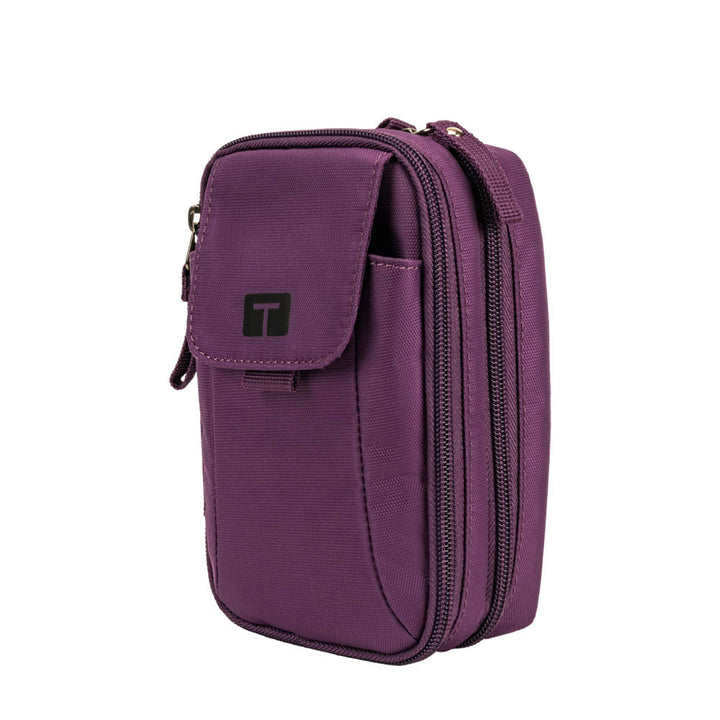 Tandem supply case in deep purple with front pocket, middle compartment, and insulated back pocket for carrying tandem diabetic supplies