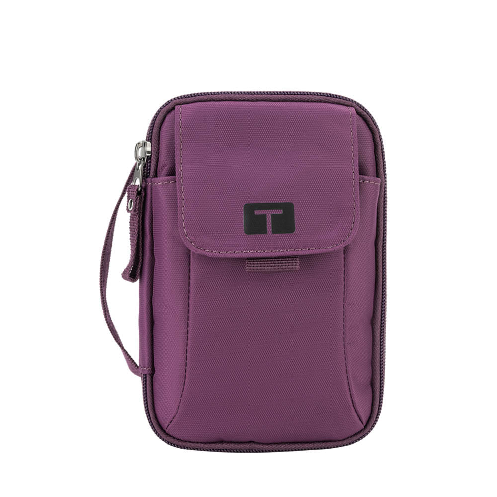Front view of deep purple tandem supply case with Tandem logo on front pocket and carrying strap on the left side