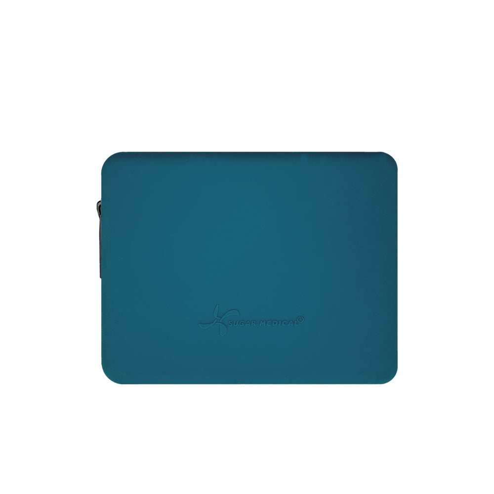 Back of the Omnipod® Protective Travel Case: The back of the steel blue Omnipod® protective travel case, showing the smooth surface and discreet design. 